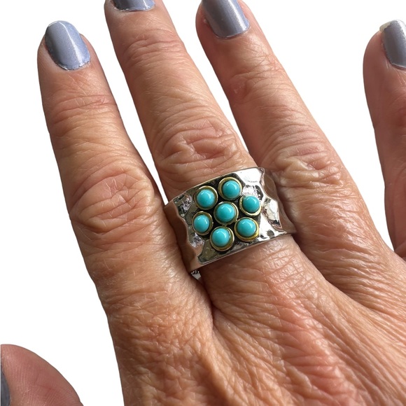 Hammered Sterling Silver Turquoise Flower Ring - Picture 1 of 6